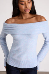 Melinda Light Blue Space Dye Off-the-Shoulder Sweater Top