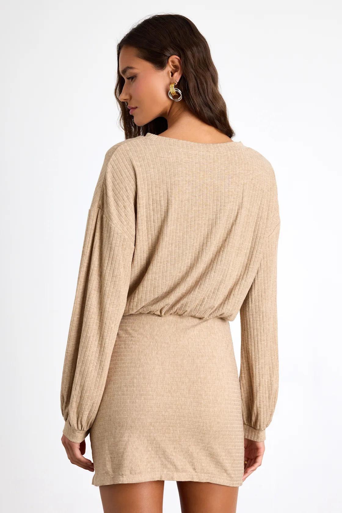 Tionne Light Olive Ribbed Long Sleeve Mini Dress