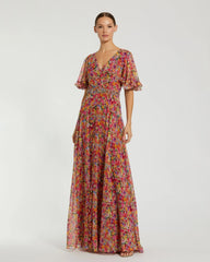 Multicolor Floral Printed Chiffon Flutter Sleeve Gown