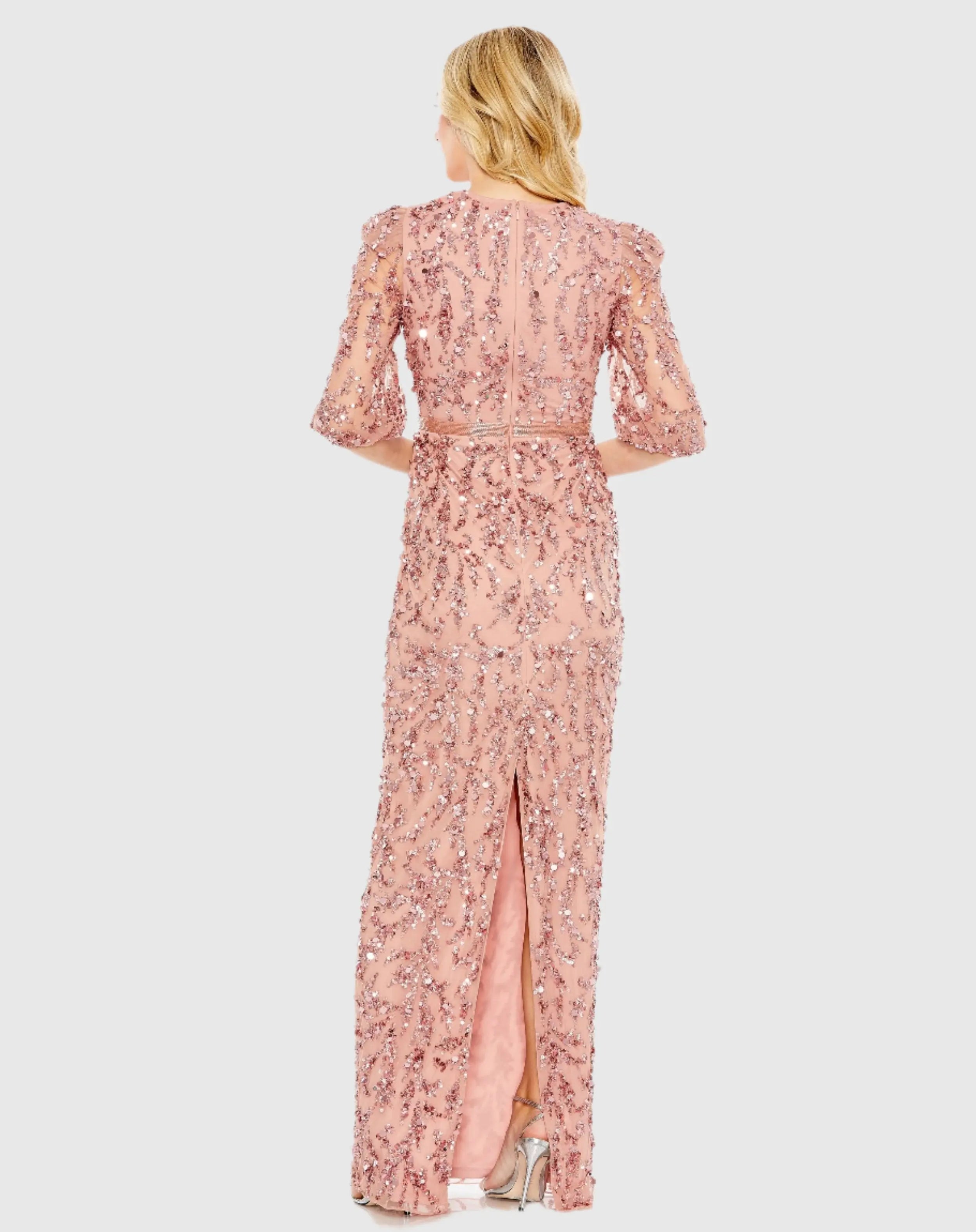 Pink Embellished Column Gown with 3/4 Sleeves
