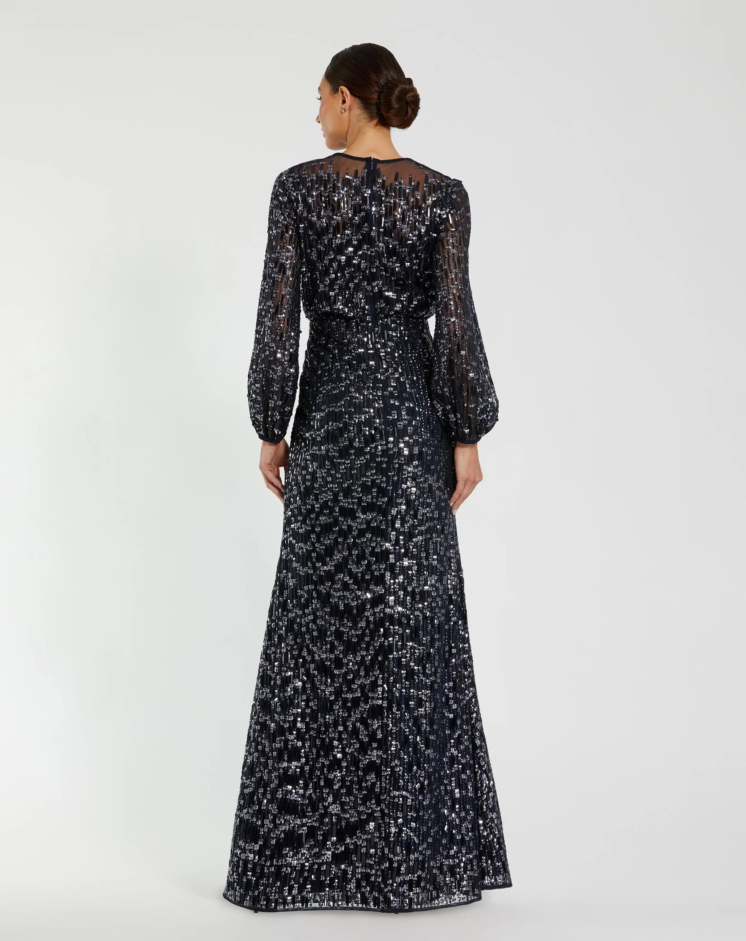 Navy Sequin Long Sleeve Blouson Evening Gown