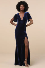 Elegant Evenings Navy Velvet Flutter Sleeve Trumpet Maxi Dress