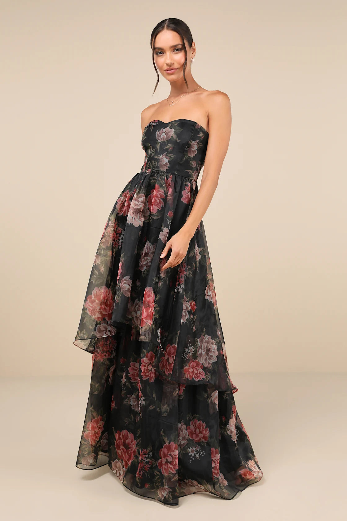 Truly Extraordinary Purple Floral Organza Strapless Maxi Dress