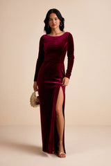 Duarte Burgundy Velvet Cowl Back Long Sleeve Maxi Dress