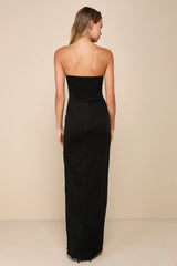 Elegant Mood Black 3D Floral Applique Strapless Maxi Dres