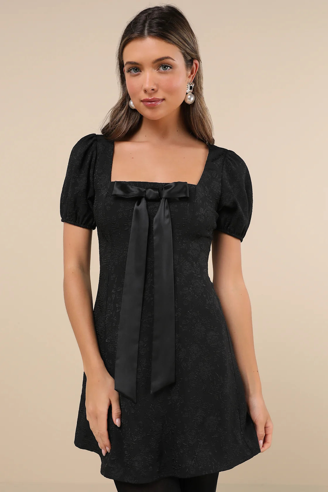 Polished Sweetie Black Jacquard Bow Puff Sleeve Mini Dress