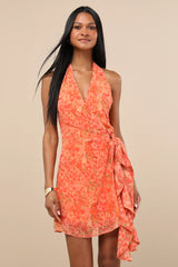 Felicita Brown Boho Print Halter Wrap Mini Dress