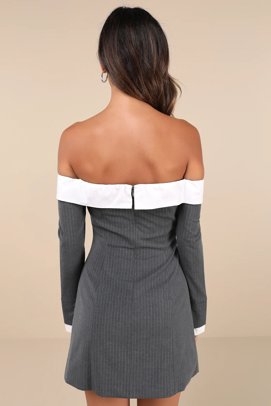 Distinct Composure Grey Pinstriped Off-the-Shoulder Mini Dress