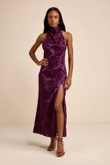 Kyliana Plum Purple Satin Burnout Velvet Halter Maxi Dress
