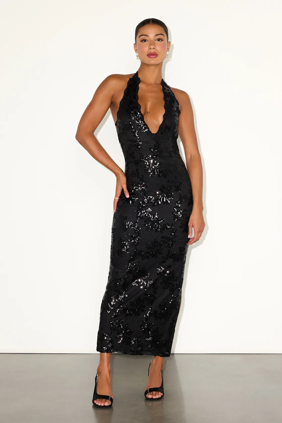 Adelia Black Lace Sequin Plunging Maxi Dress