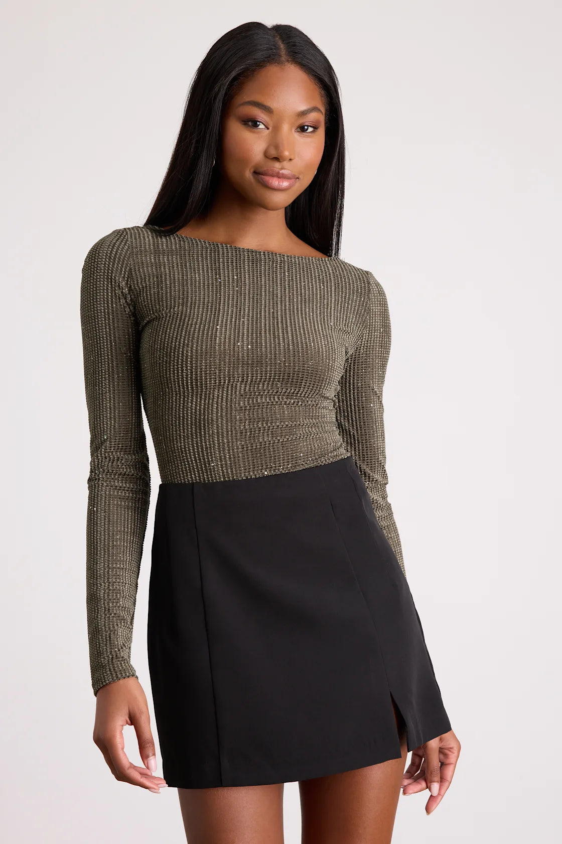 Gina Olive Green Shiny Velvet Long Sleeve Top