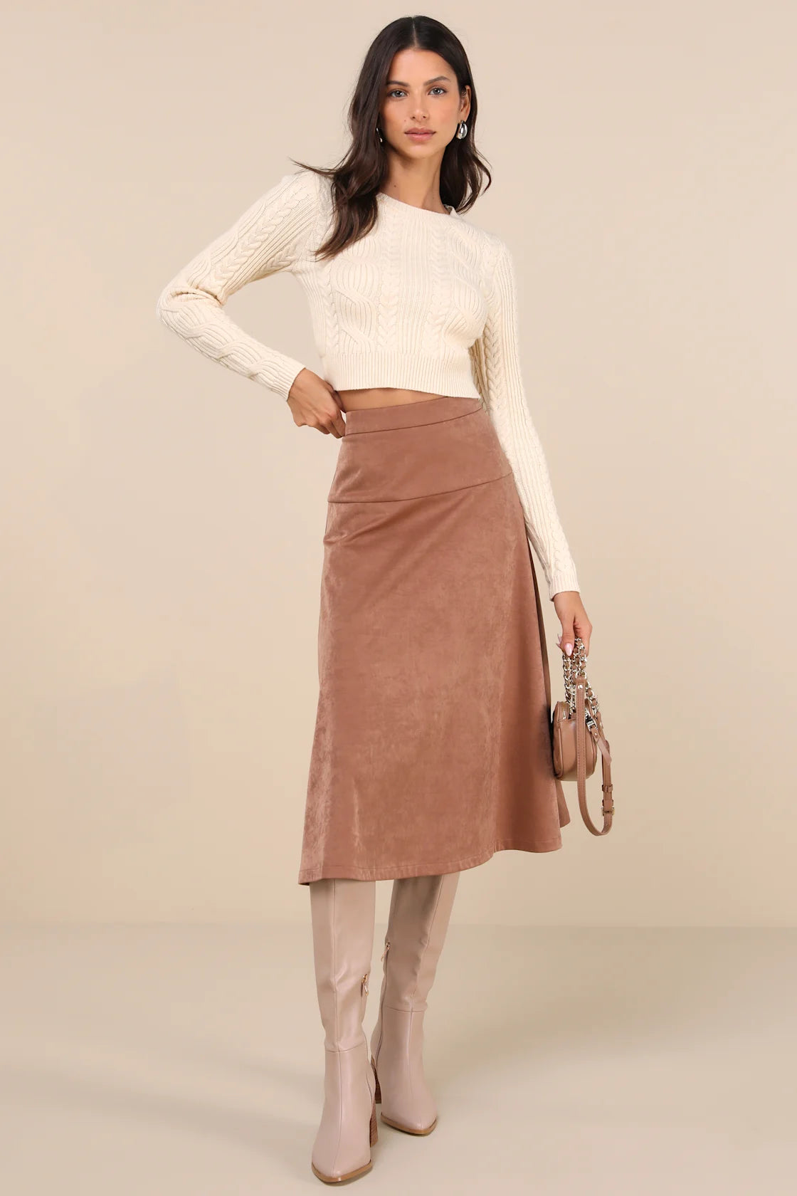 Flawless Composure Brown Suede High-Waisted Midi Skirt