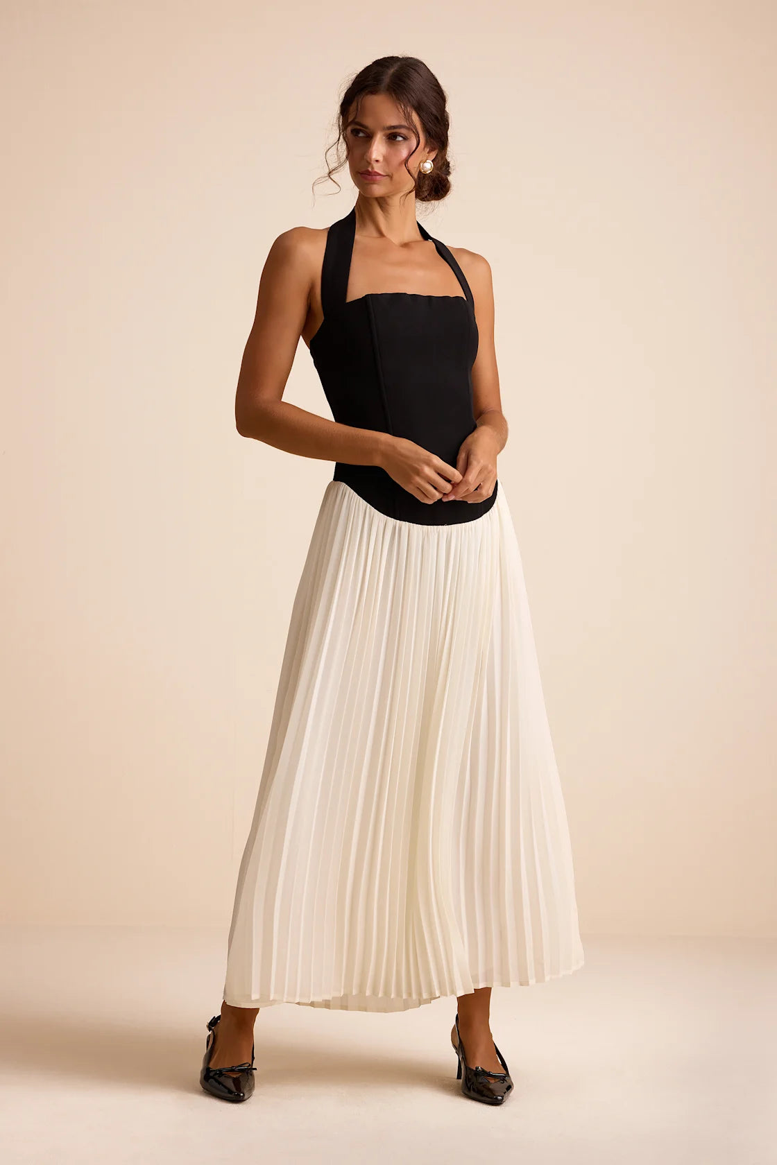 Suri Black and Ivory Mixed Media Halter Maxi Dress