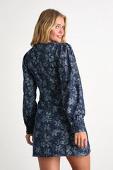 Darling Girl Dark Blue Floral Denim Long Sleeve Mini Dress