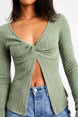 Myron Sage Ribbed Knit Twist-Front Long Sleeve Top