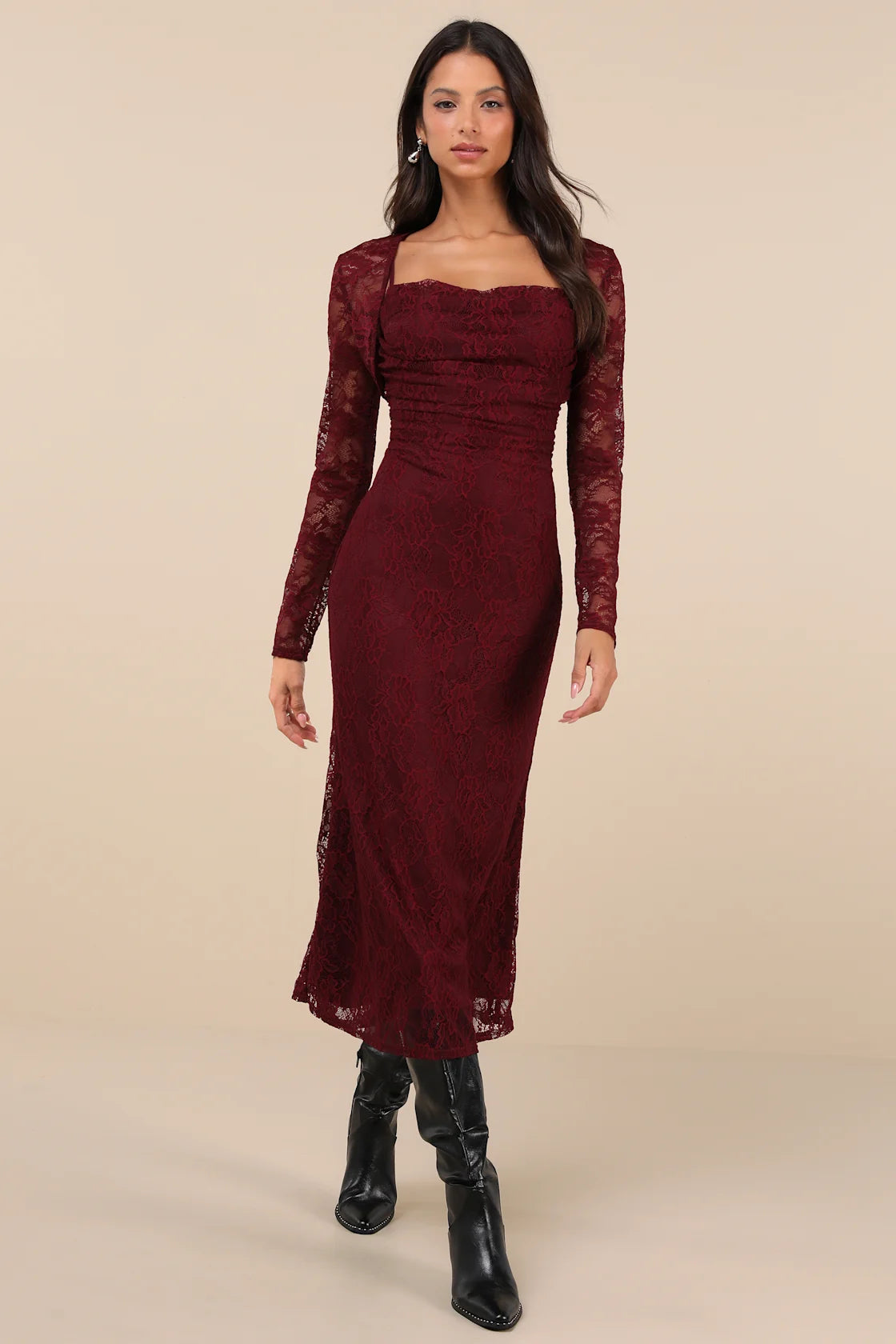 Certainly Iconic Burgundy Lace Midi Dress and Shrug Set