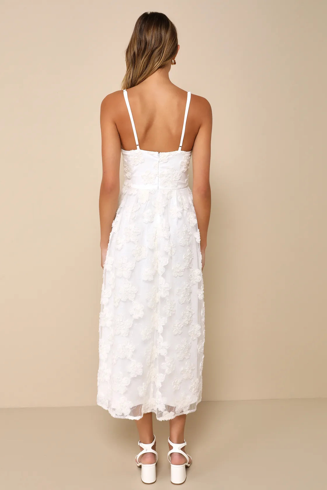 Delightful Charisma White Embroidered Sequin Mesh Midi Dress