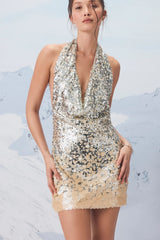 Rivera Silver and Beige Sequin Cowl Neck Mini Dress