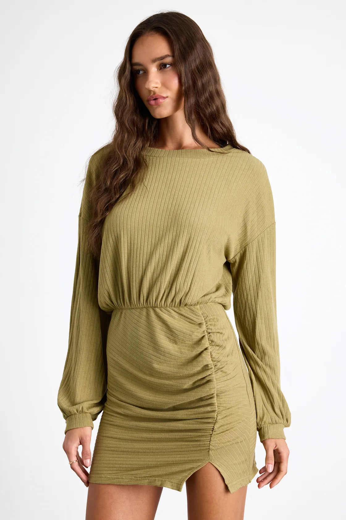 Tionne Light Olive Ribbed Long Sleeve Mini Dress