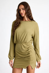 Tionne Light Olive Ribbed Long Sleeve Mini Dress