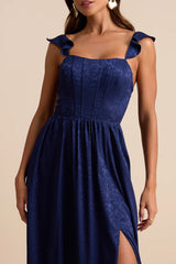 Arlaith Navy Jacquard Lace-Up Corset Maxi Dress
