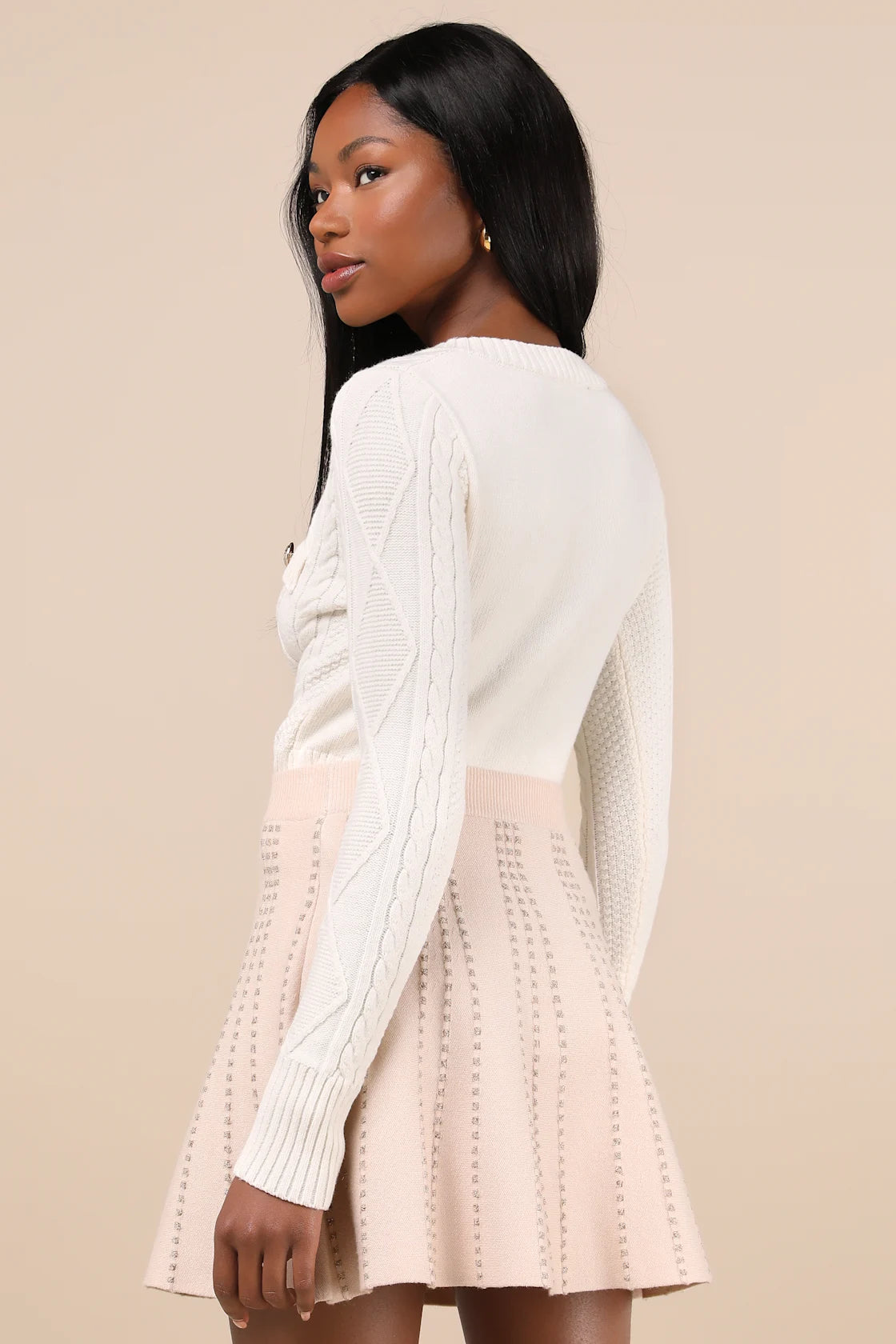 Chic Weather Beige Lurex Knit High-Waisted Skirt