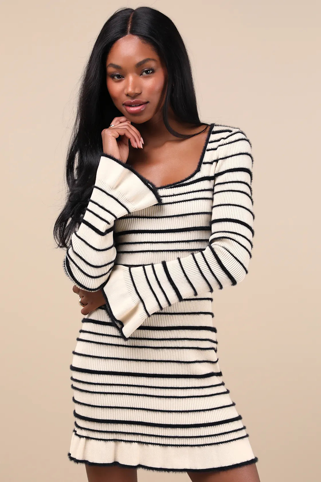 Cozy Outlook Ivory Fuzzy Striped Long Sleeve Sweater Mini Dress