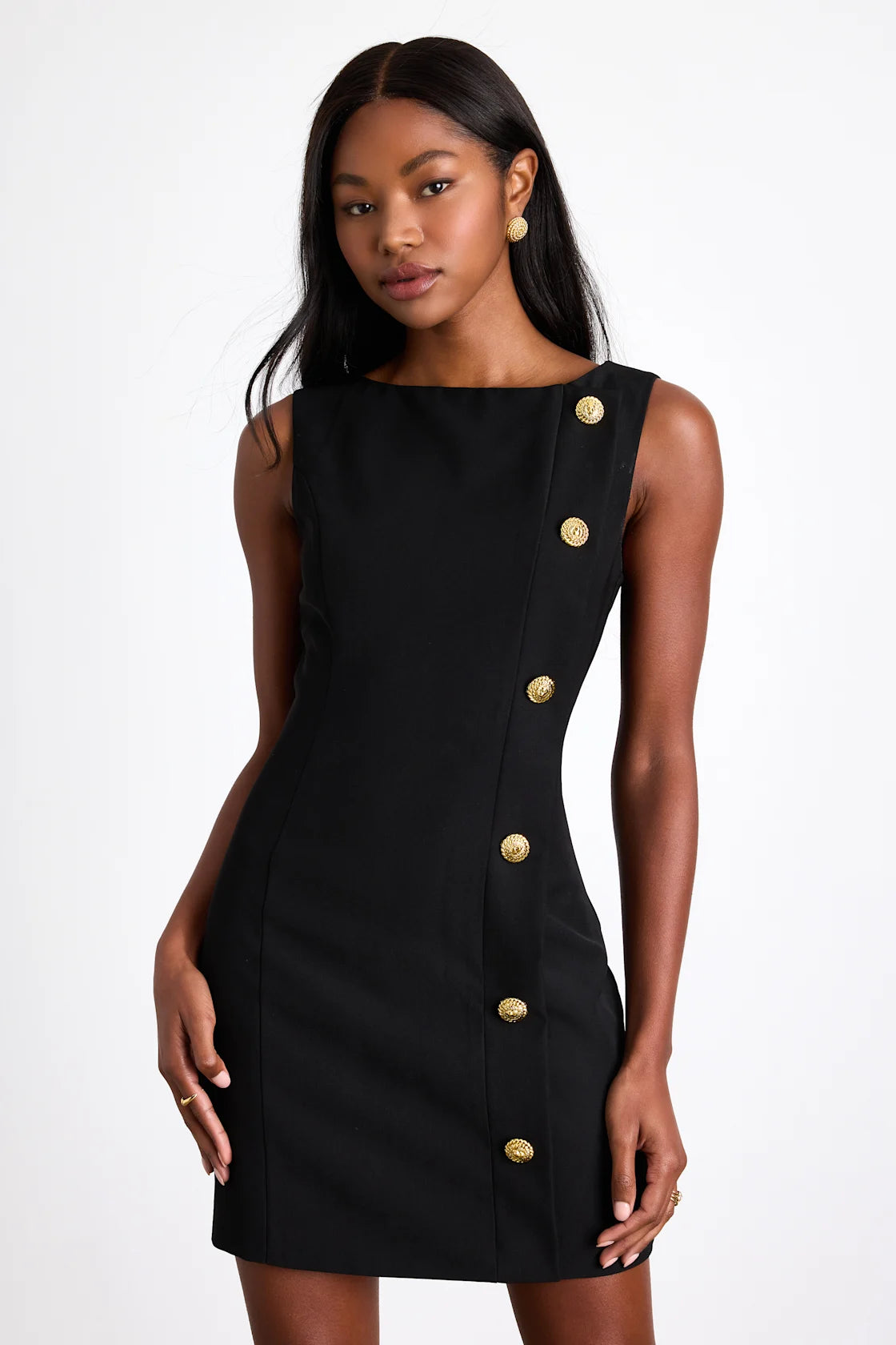 Paedyn White Boat Neck Side-Button Mini Dress