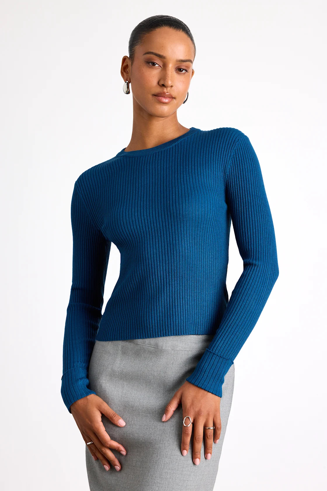 Karlee Dark Teal Blue Ribbed Knit Long Sleeve Sweater Top
