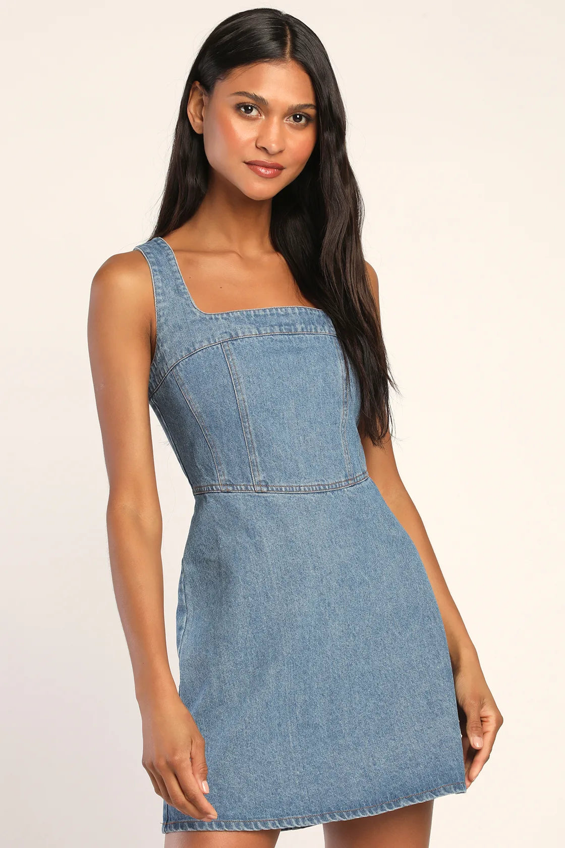 So Delighted Medium Wash Denim Corset Seam Mini Dress