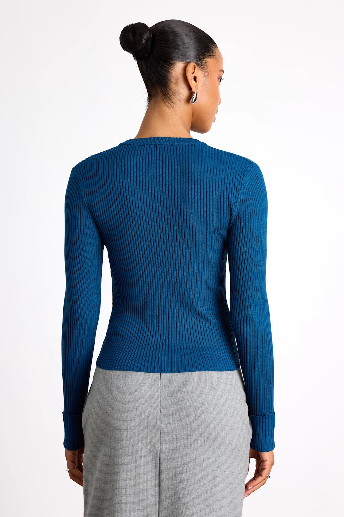 Karlee Dark Teal Blue Ribbed Knit Long Sleeve Sweater Top