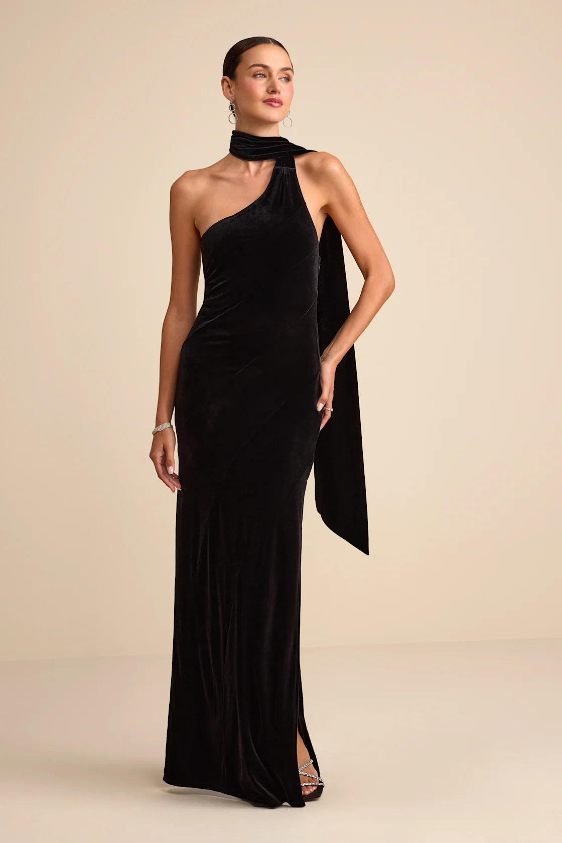 Eleni Dusty Olive Velvet One-Shoulder Sash Maxi Dress
