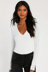 Clean Look White V-Neck Long Sleeve Bodysuit
