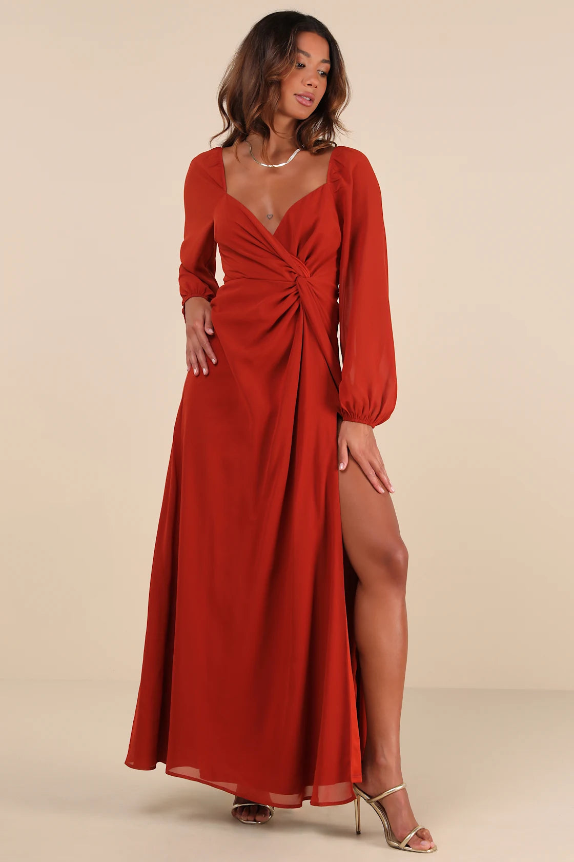 Composed Soiree White Twist-Front Long Sleeve Maxi Dress