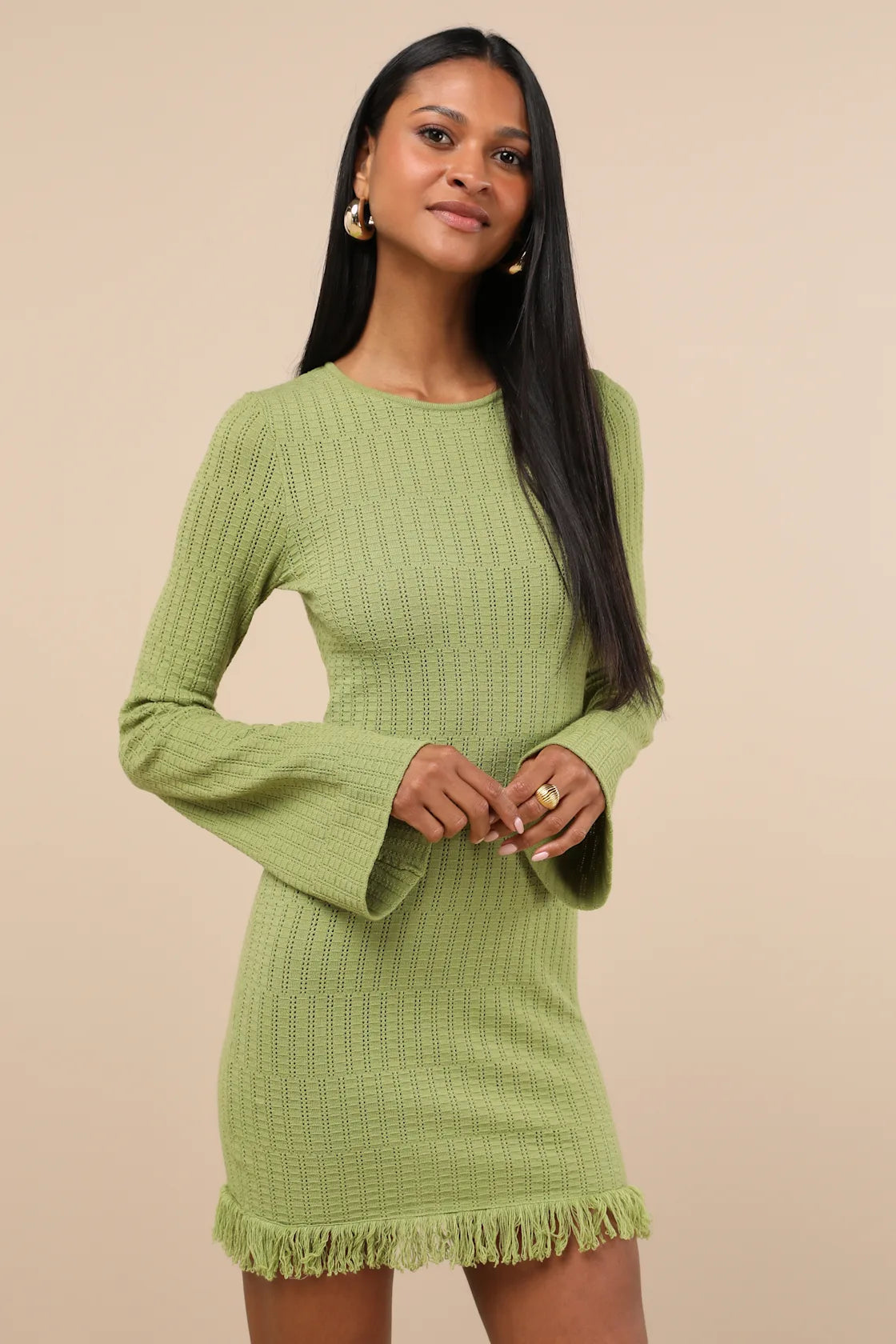 Sabi Orange Pointelle Knit Long Sleeve Mini Dress
