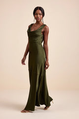 Aernah Wine Red Satin Cowl Tie-Back Slip Maxi Dress