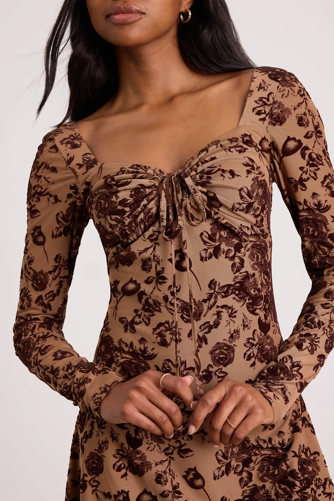 Ardella Light Brown Floral Mesh Long Sleeve Mini Dress