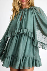 Rhozie Cream Embroidered Swiss Dot Cape Sleeve Tiered Mini Dress