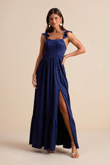 Arlaith Navy Jacquard Lace-Up Corset Maxi Dress