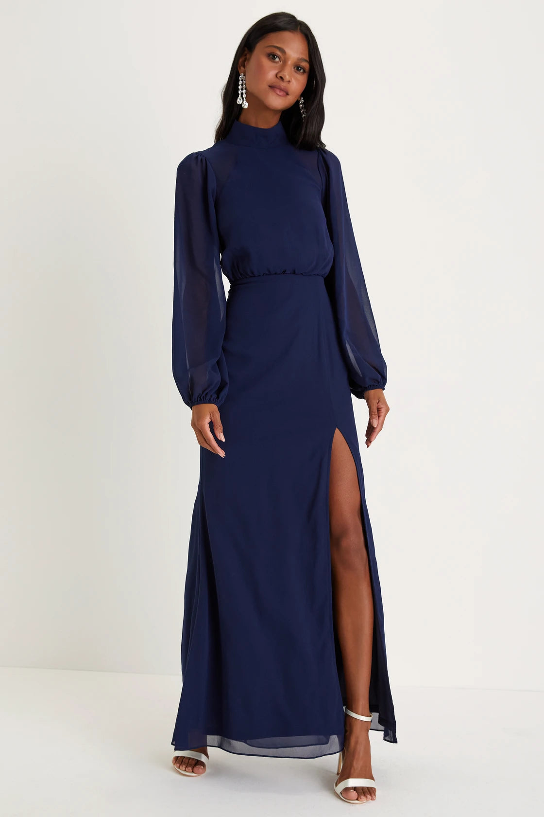 Graceful Entrance Navy Blue Long Sleeve Backless Maxi Dress