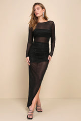 Sultry Glamour Black Mesh Rhinestone Backless Maxi Dress