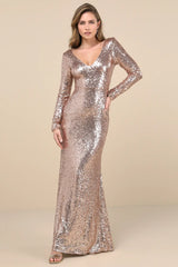 Capture the Moon Rose Gold Long Sleeve Sequin Maxi Dress