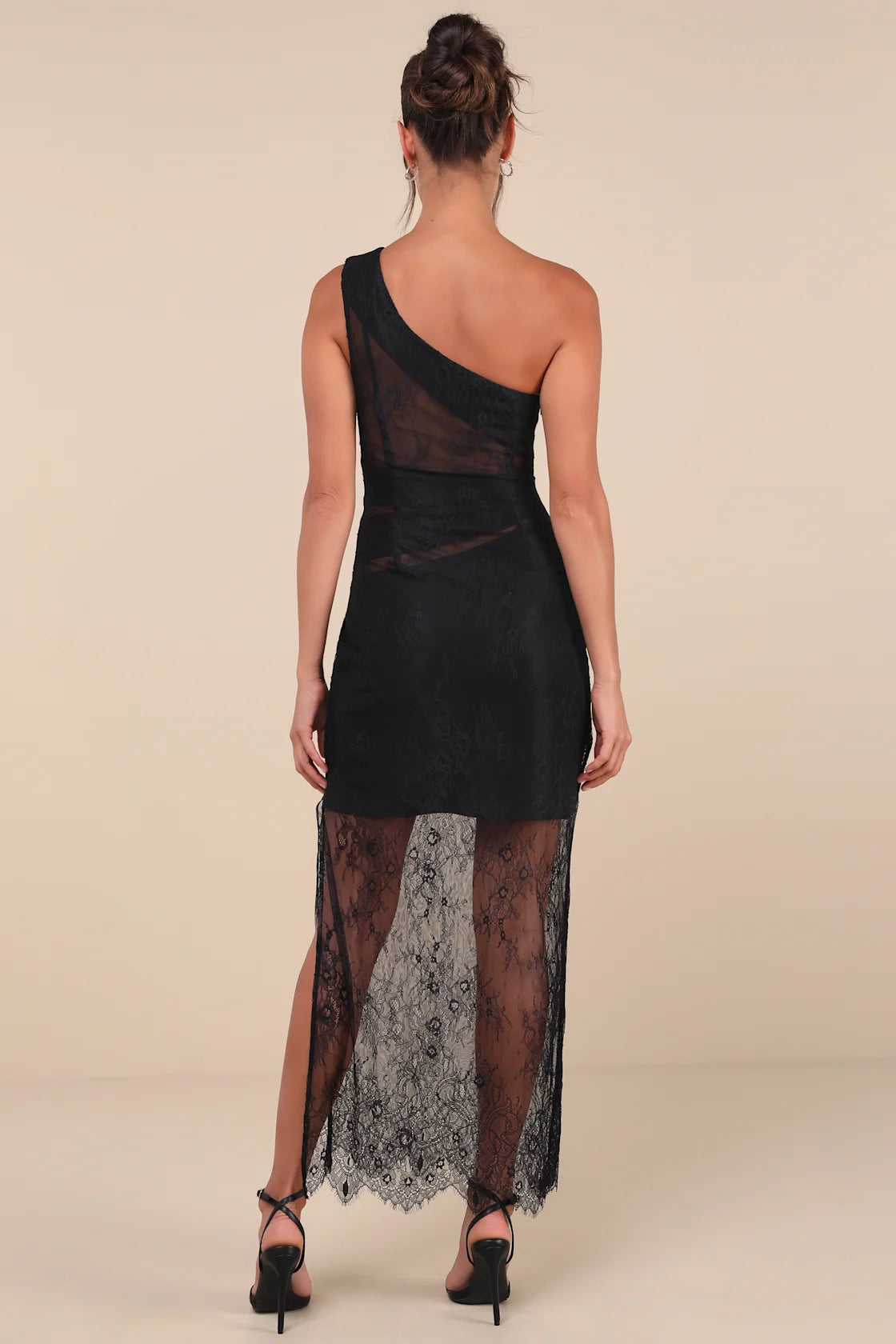 Sensational Flirt Black Sheer Lace One-Shoulder Maxi Dress