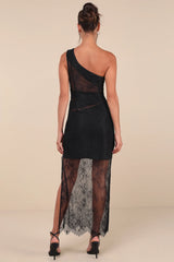 Sensational Flirt Black Sheer Lace One-Shoulder Maxi Dress