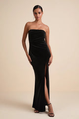 Perfectly Captivating Black Velvet Strapless Maxi Dress