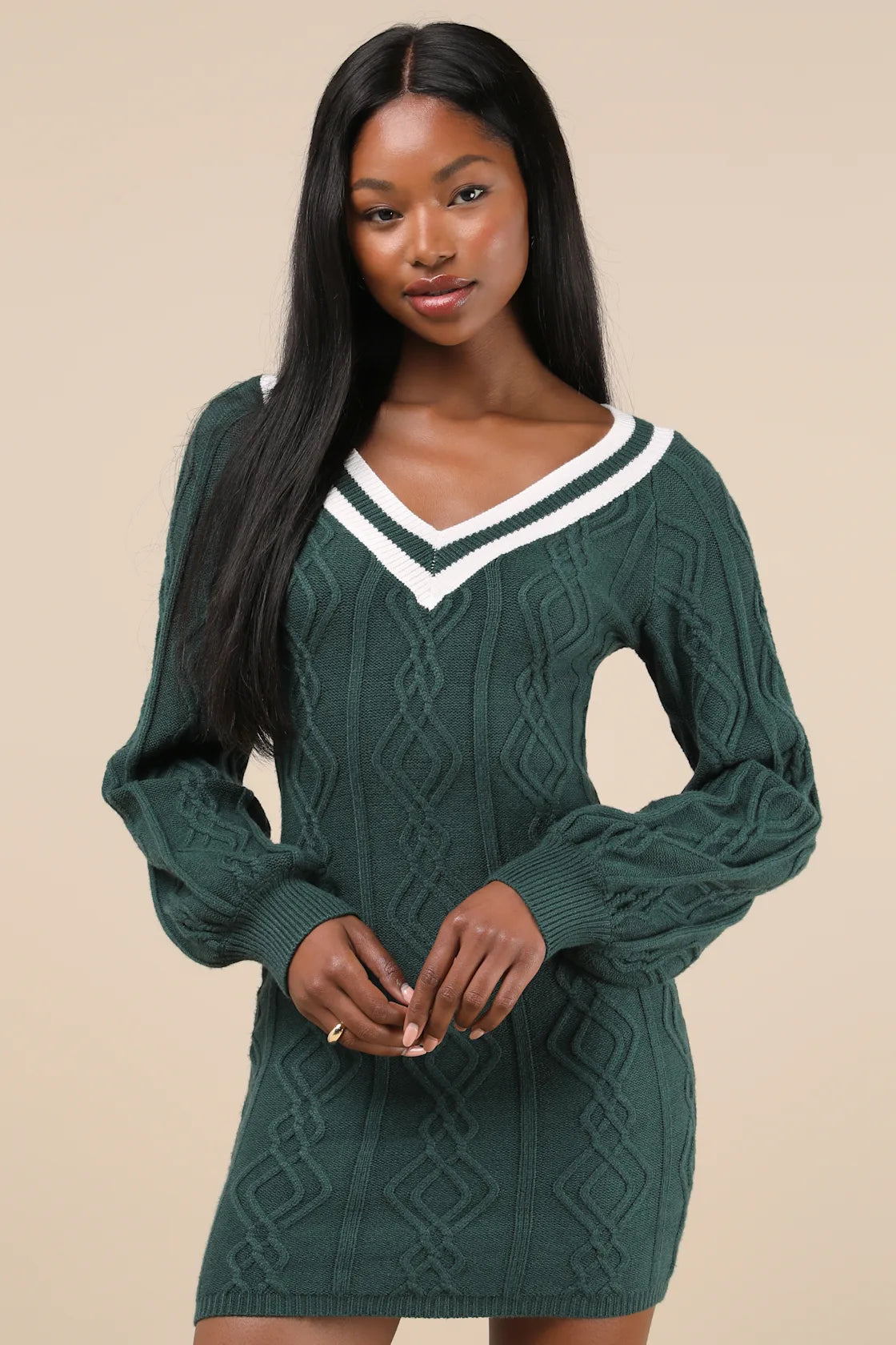 Inviting Poise Green and White Cable Knit Sweater Mini Dress