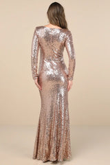 Capture the Moon Rose Gold Long Sleeve Sequin Maxi Dress