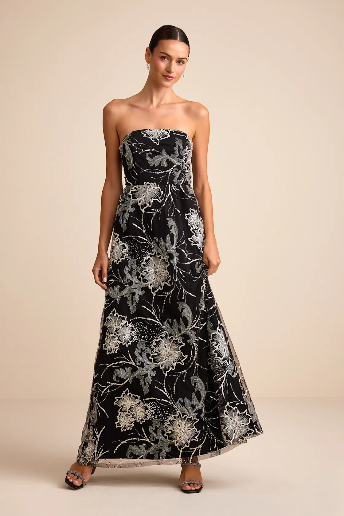 Tisdale Black and Silver Embroidered Strapless Maxi Dress