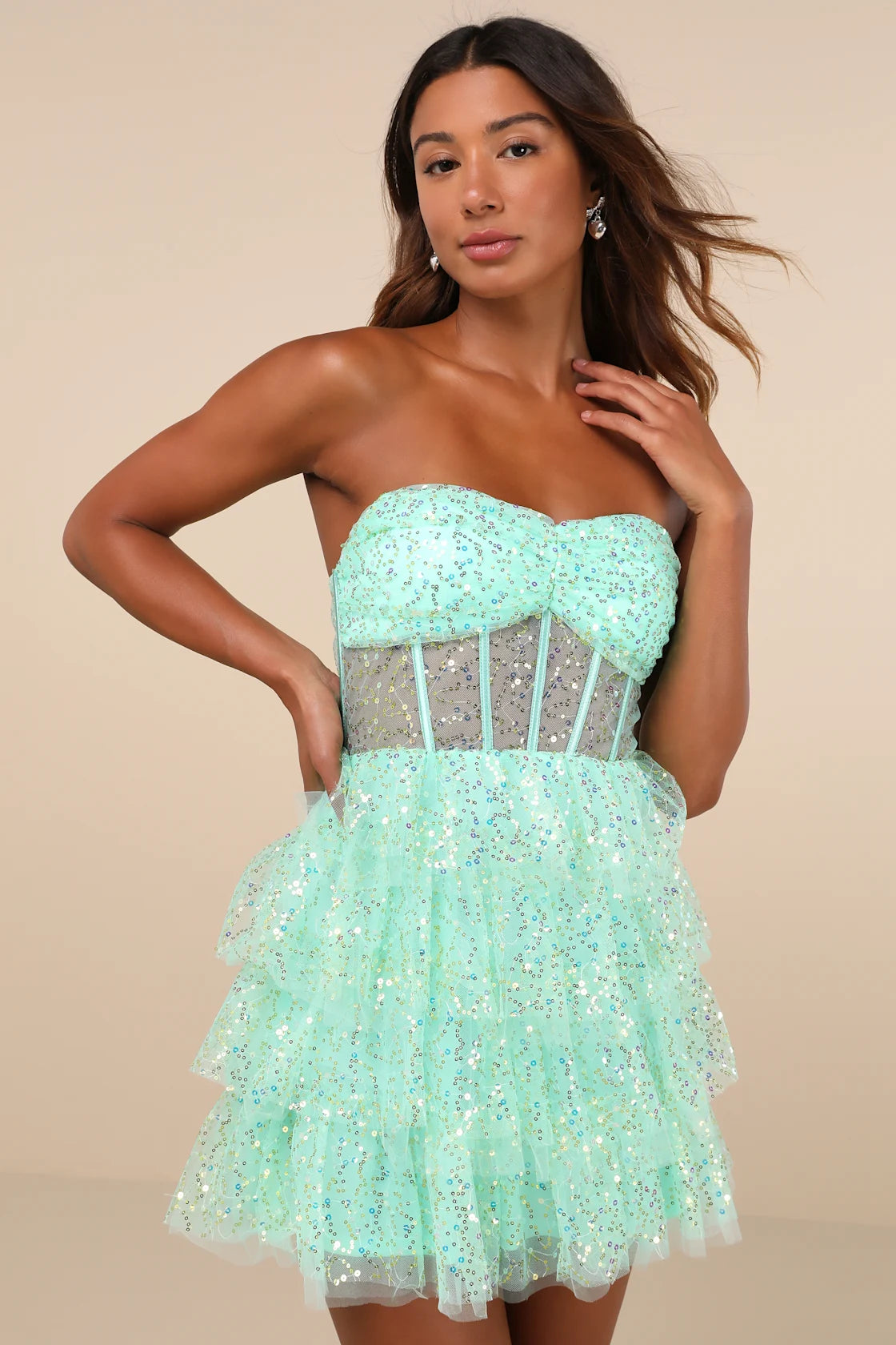 Illustrious Glow Mint Green Sheer Tulle Sequin Tiered Mini Dress