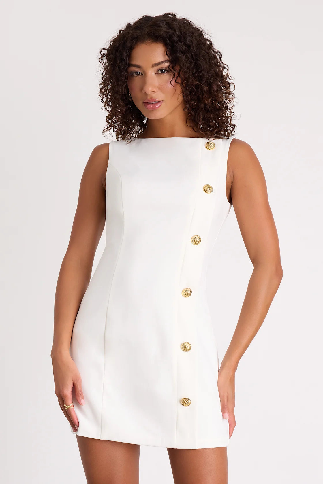 Paedyn White Boat Neck Side-Button Mini Dress